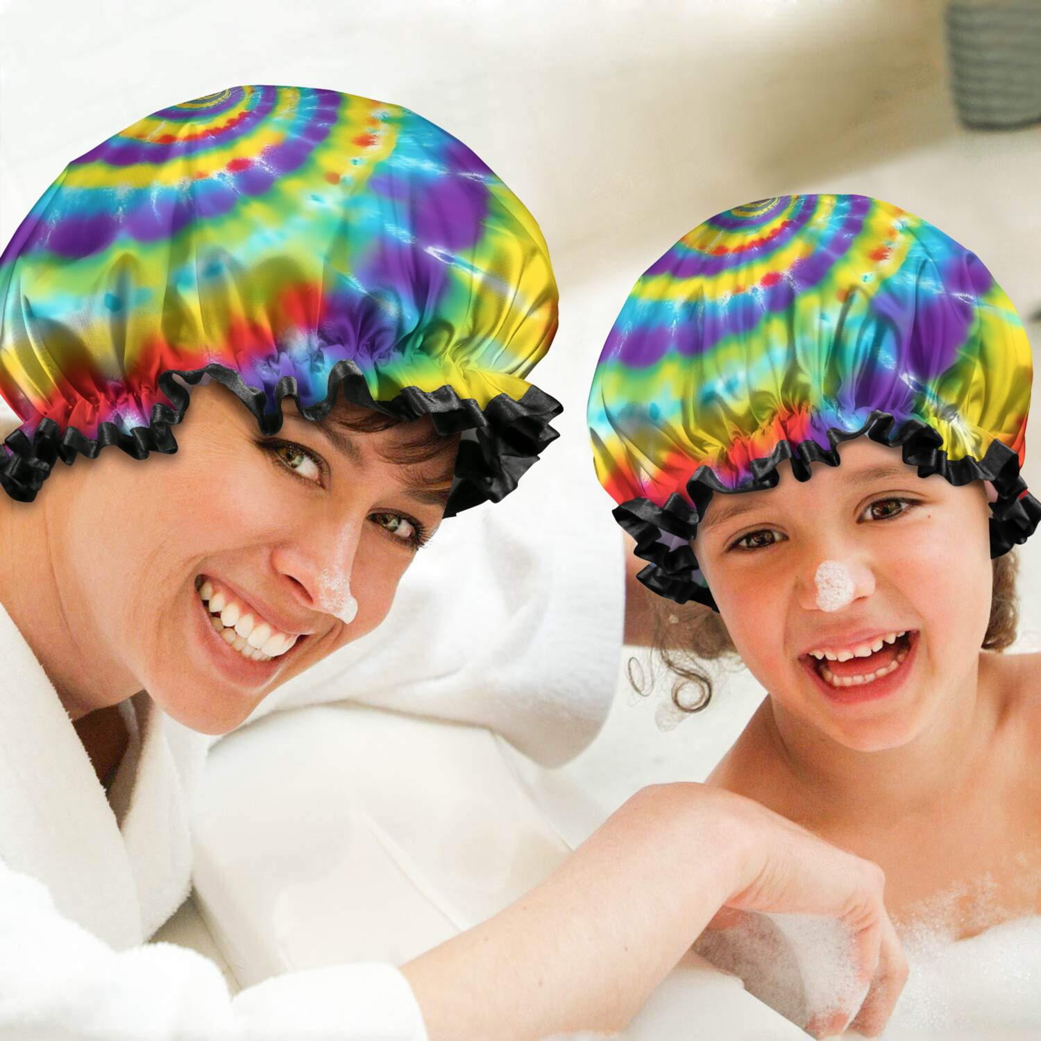 Shower Caps,Colorful Rainbow Tie Dye Spiral Pattern Waterproof Shower Cap for Women 4 Pieces,Double Reusable Hair Cover for Shower PEVA Elastic Stretch Hem