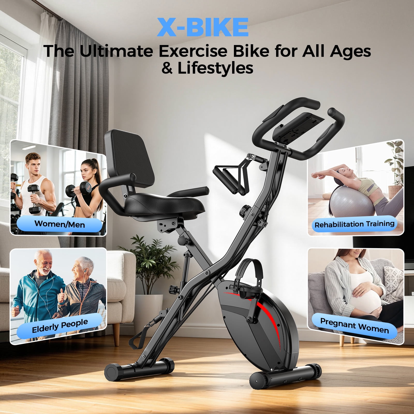 UPGO 5 IN 1 Folding Exercise Bike with 6.6 LBS Flywheel & 16 Levels of Resistance, 330LB Weight Capacity Indoor Workout Cycling Bike for Home Gym