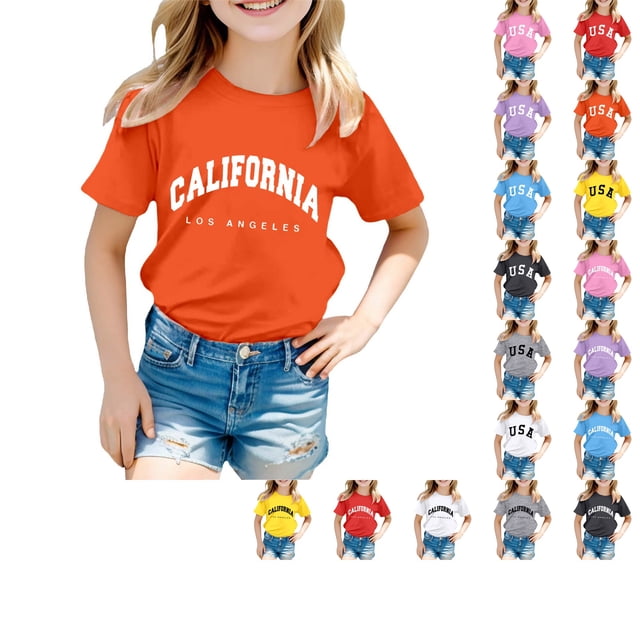 SUXIAN T-shirts pour Enfants Mode Décontractée Imprimé Col Rond Ample Manches Courtes T-Shirt Haut Col Rond Hauts pour Filles Orange_002 5-6 Ans