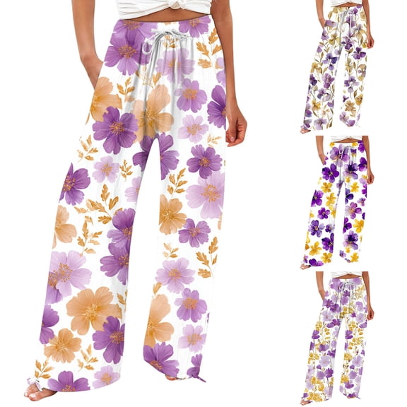 Endives Womens Linen Pant 3D Floral Print High Waisted Summer Wide Leg Pant Casual Trousers Beach Vacation Outfits