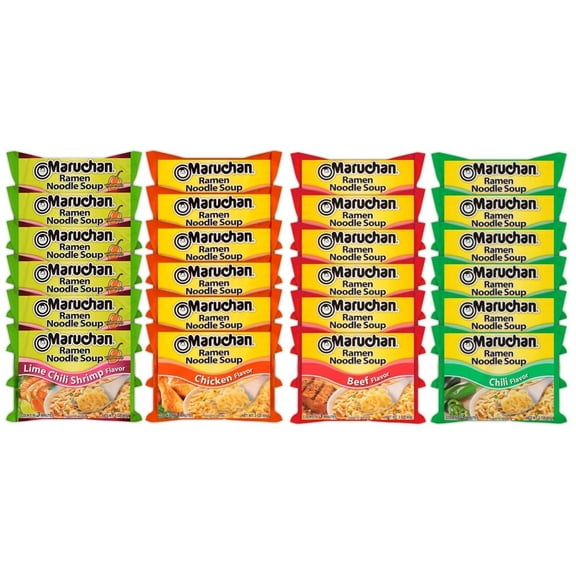 Maruchan Ramen Instant Noodle Soup Variety Mix 24 Packs, 4 Flavors - 6 Pack Beef, 6 Pack Lime Chili Shrimp, 6 Pack Chilli, 6 Pack Chicken Lunch / Dinner Variety