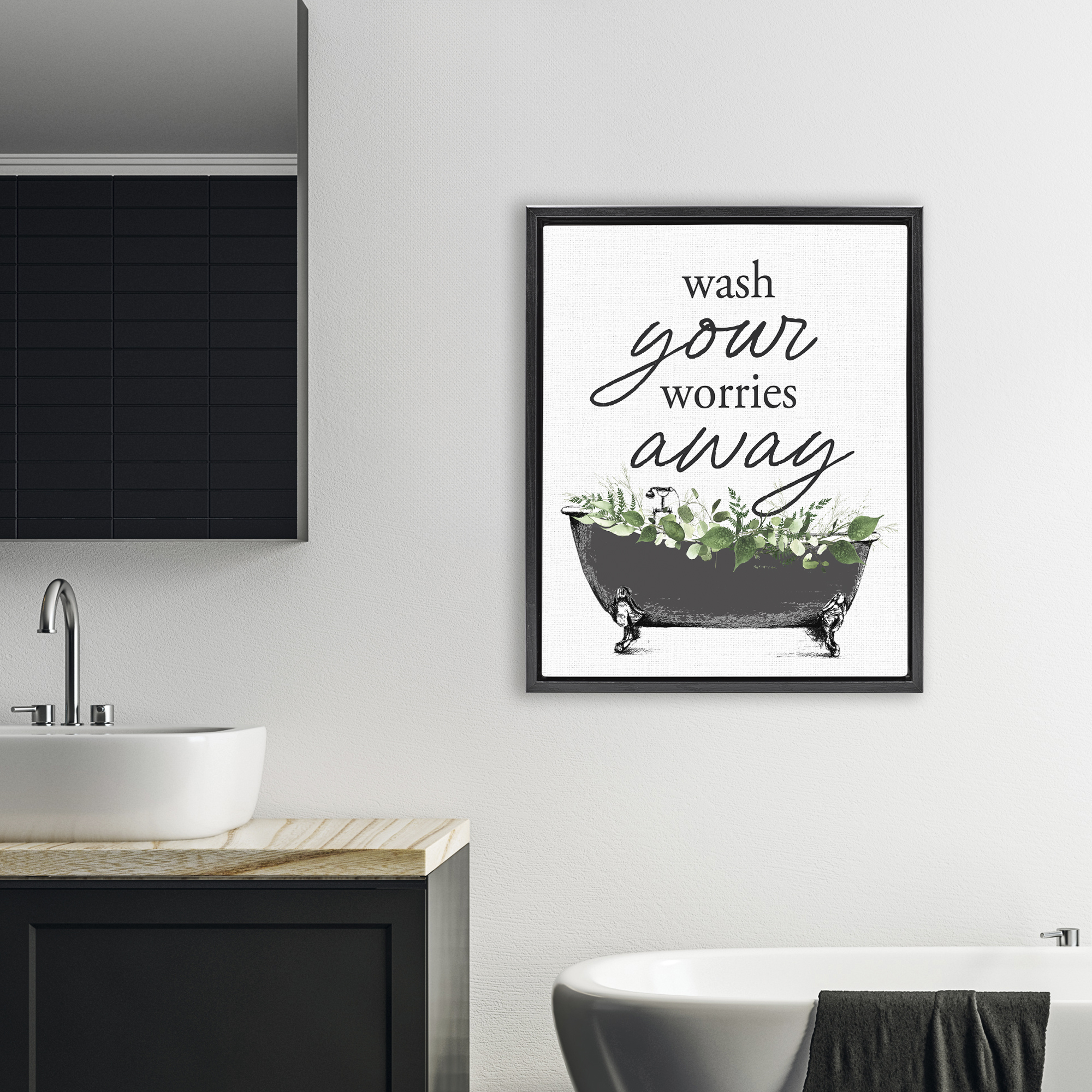 Wash Worries Away Herbs Black Framed Floater Canvas Wall Art, design by Lettered and Lined