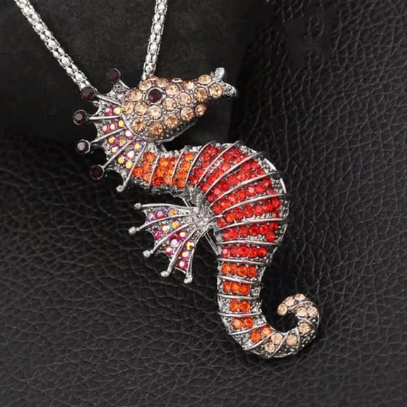 QQTDFG Vintage Multi-color Crystal Rhinestone Sea Horse Pendant Sweater Necklace/Brooch-Red