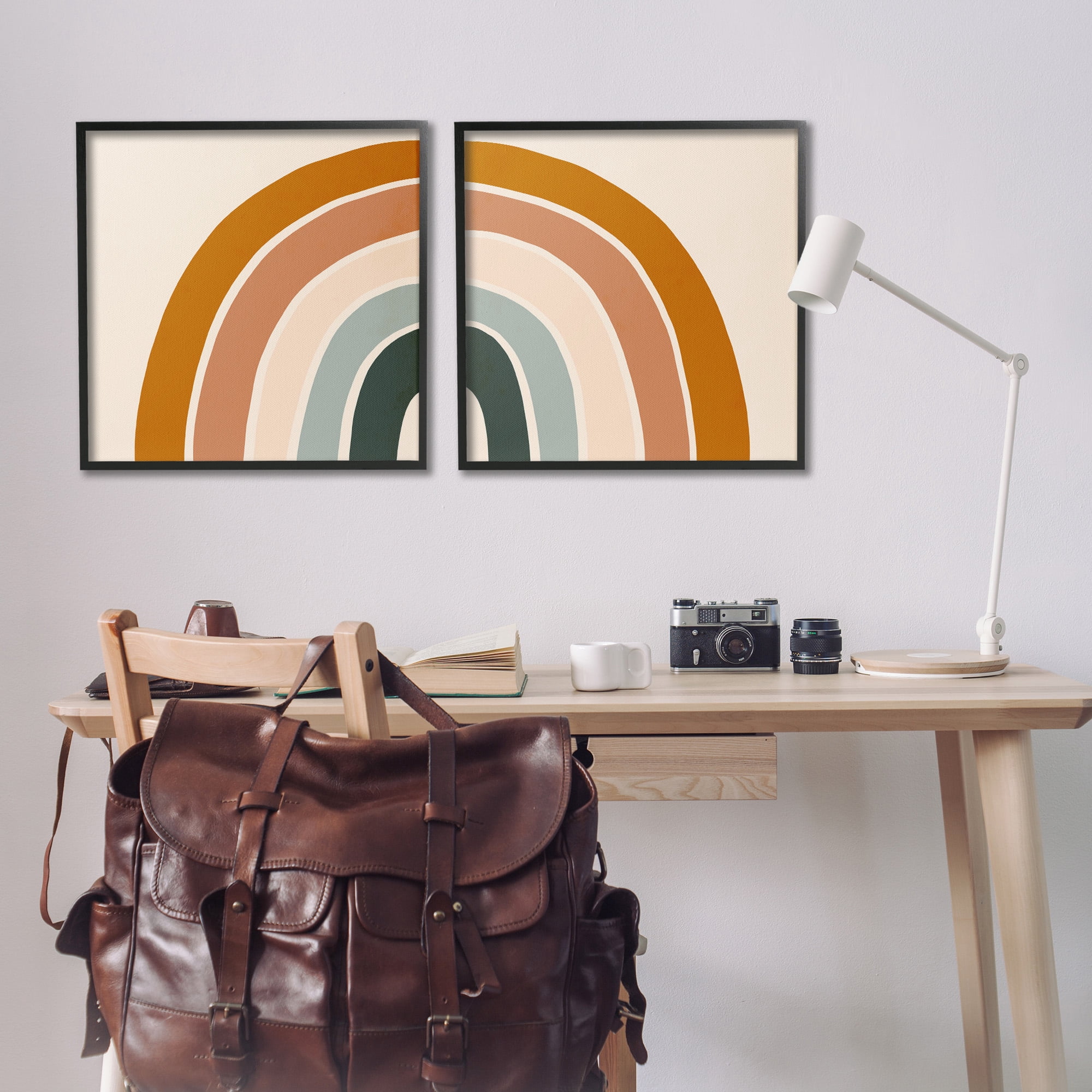 Stupell Industries Asymmetric Warm Retro Rainbow Art for Kids Painting Black Framed Art Print Wall Art, 24 x 24, Set of 2