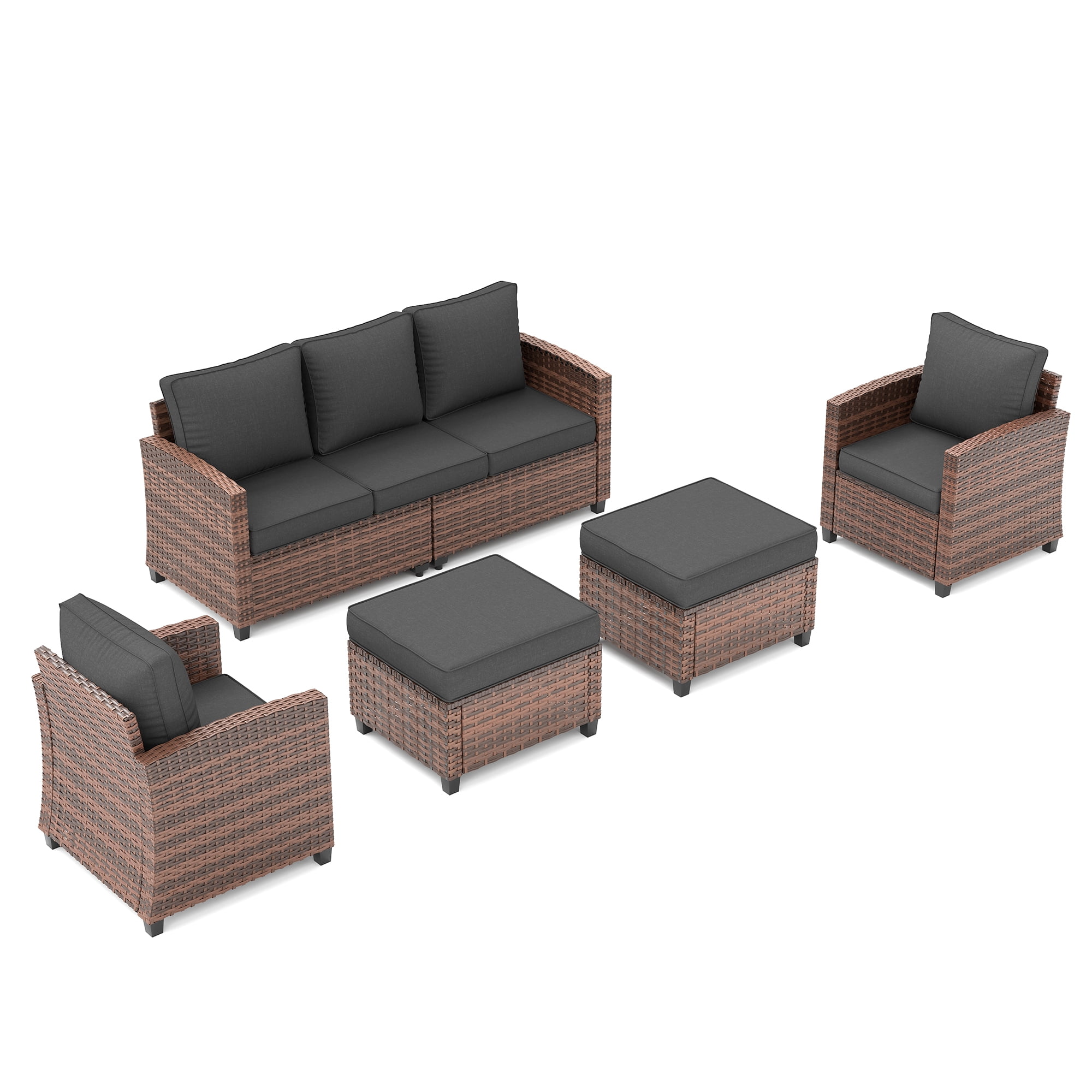 Poteban Patio Conversation Set, 5 Pieces Outdoor Furniture Set, All-Weather Wicker Rattan High Back Outdoor Sectional Sofa Set with Ottoman for Poolside, Backyard, Brown Wicker Dark Grey Cushions