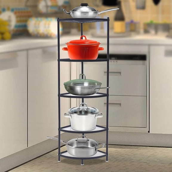 5-Tier Kitchen Corner Shelf Rack, Free Standing Steel Pot Shelves Shelf Holder, Multi-Layer Cookware Stand Storage Organizer