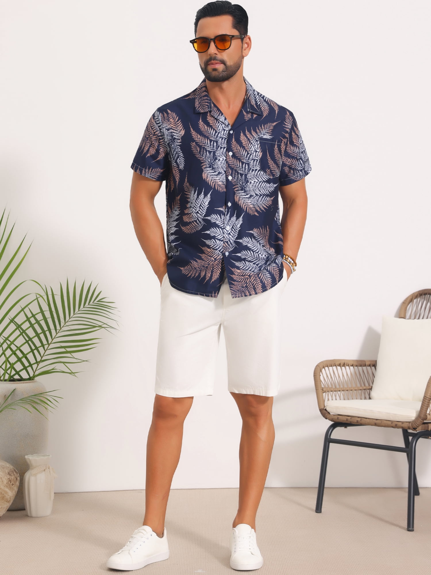 DARING DIVA Men's Short Sleeve Button Down Camp Collar Leaf Print Shirts XL Dark Blue