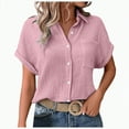 thumbnail image 3 of ORT Womens Short Sleeve Shirts V Neck Collared Button up Shirt Top Blouses with Pocket(Pink,M), 3 of 9