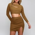 thumbnail image 2 of Skirt Set Temperament Long Sleeve Slim Solid Hollow Crop Top Slit Skirt Suit Womens Summer Outfits Brown XXL, 2 of 5