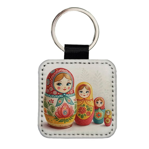 Matryoshka Russian Nesting Dolls Faux Leather Square Keychain