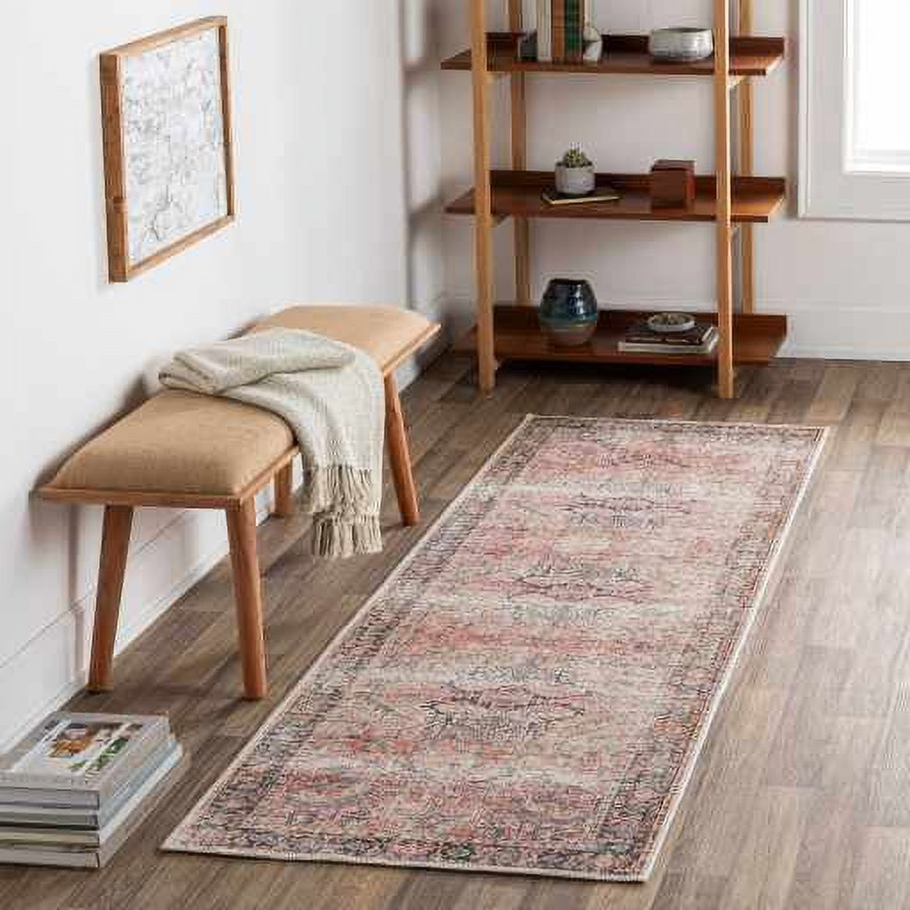 Hauteloom Kemer Machine Washable Area Rug for Living Room - Vintage Distressed Faded - Oriental Bohemian Traditional Bordered Carpet -Pet Friendly- Pink, Light Red, Blue - 7'6" x 9'6"