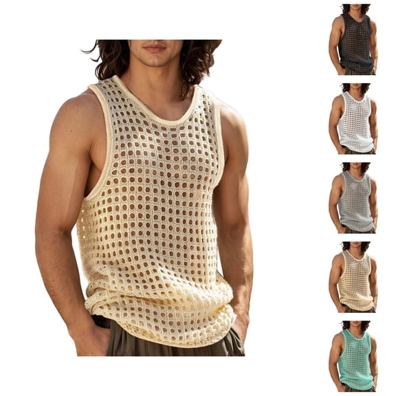 Tank Tops Men Lightweight Breathable Hollow out See through Crewneck Knitted Sleeveless Shirt Workout Gym Tanks