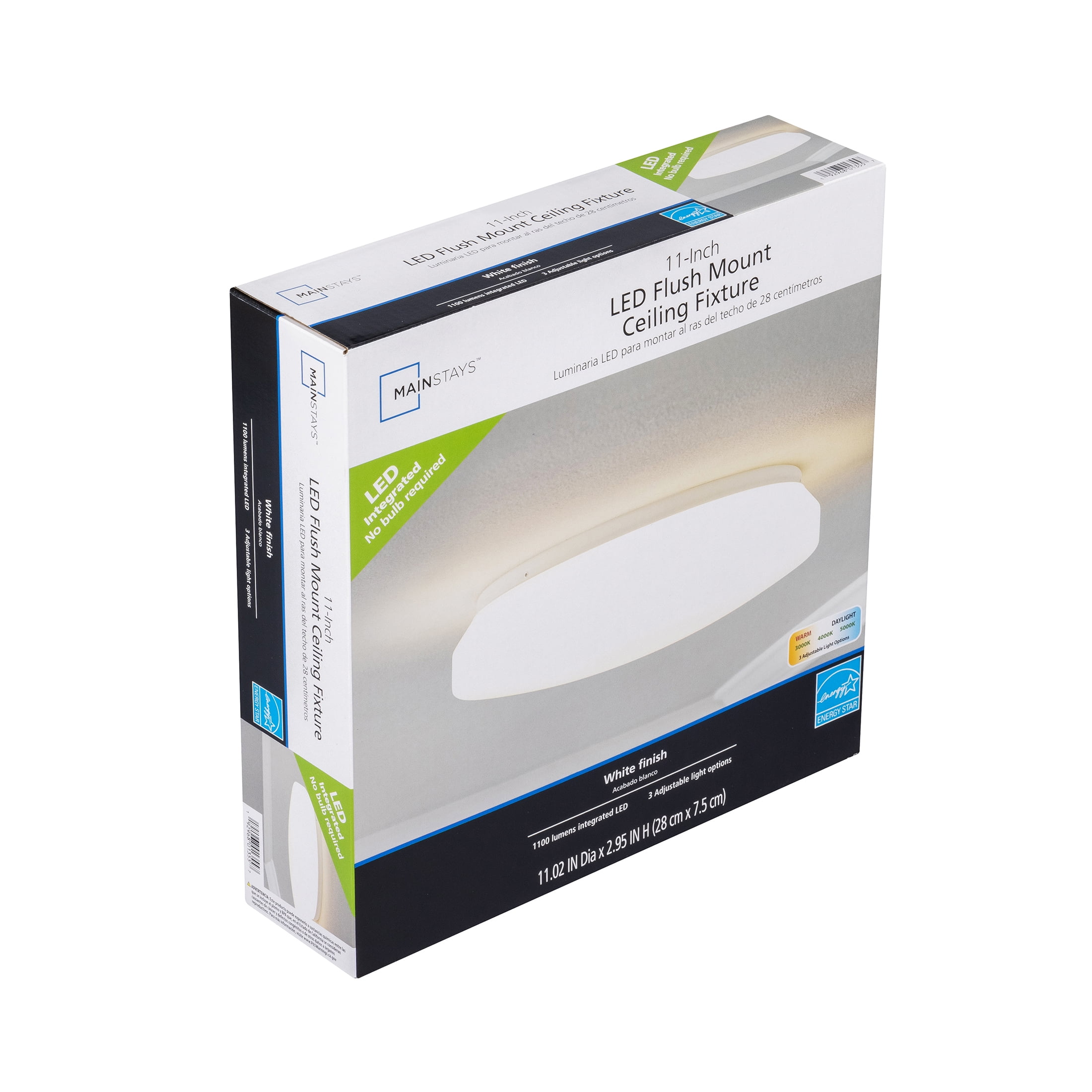 Mainstays 11in 1100lm White Slim Integrated LED Flush Mount Lights 3 Selectable CCT