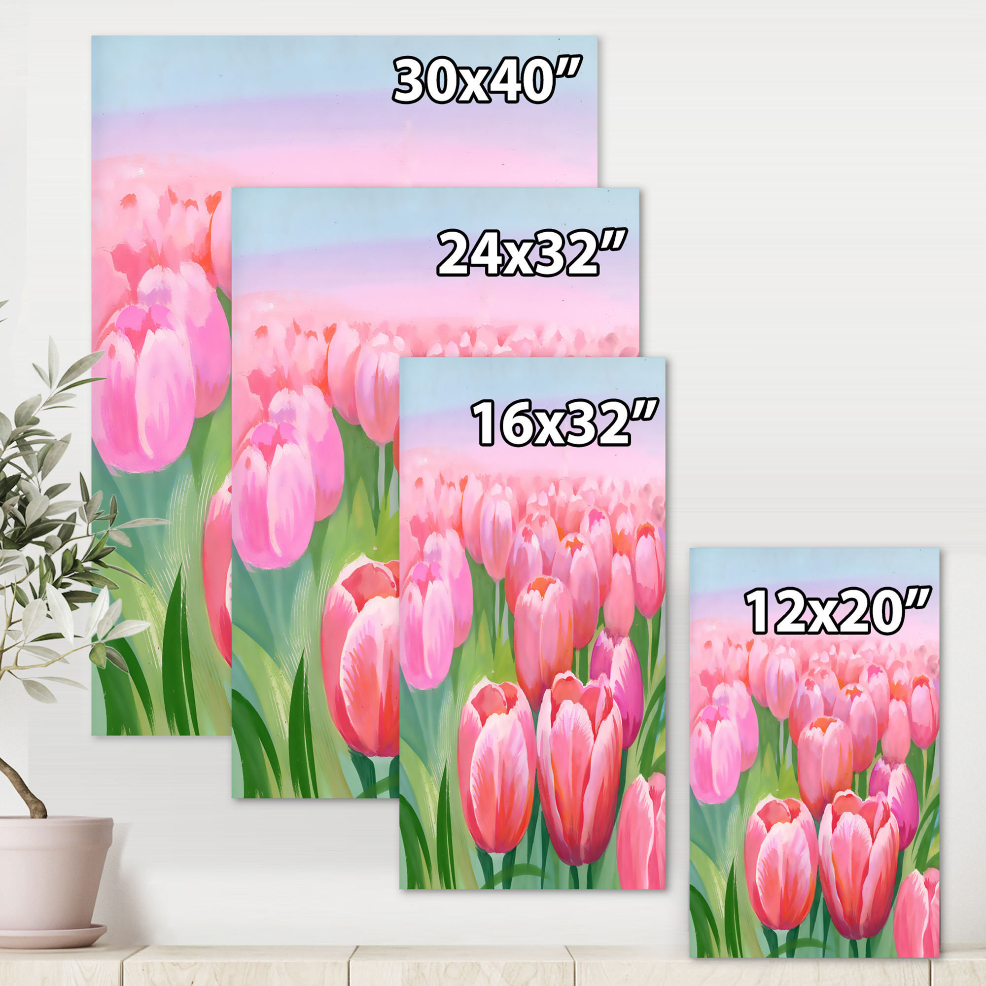 Designart ' Pink Tulips in Field ' Traditional Canvas Wall Art Print