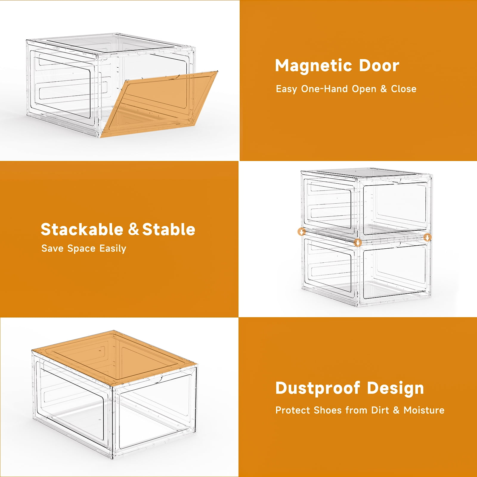 FDDAI Clear Shoe Storage Boxes Stackable 6 Pack – Large Plastic Shoe Organizer with Magnetic Door for Closet Rack Display – Sneaker Containers Storage Bin Organizer for Bedroom Entryway Under Bed