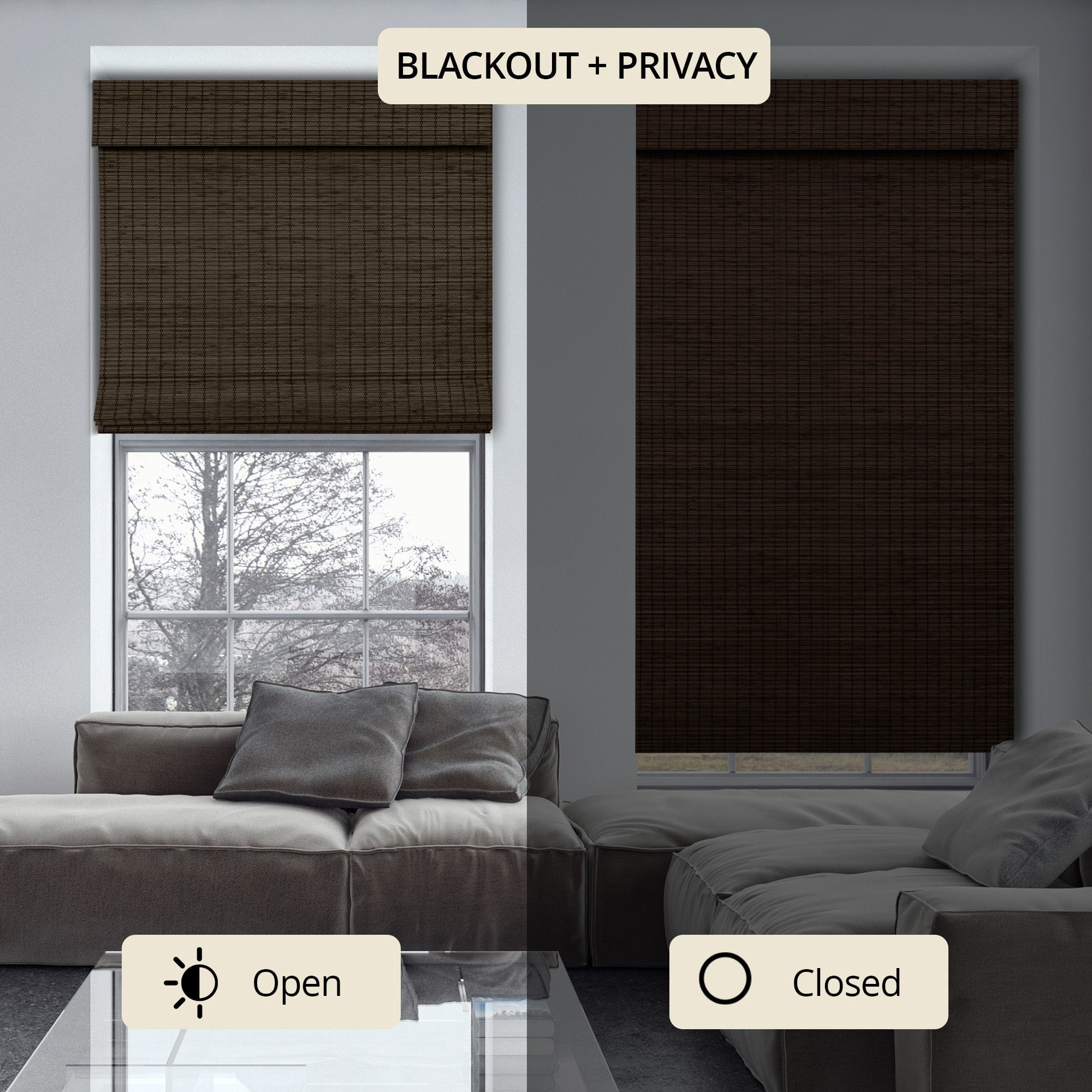 Natural Woven Light Filtering Cordless Bamboo Roman Shades for Windows, 28.5 in. W x 48 in. L, Onyx