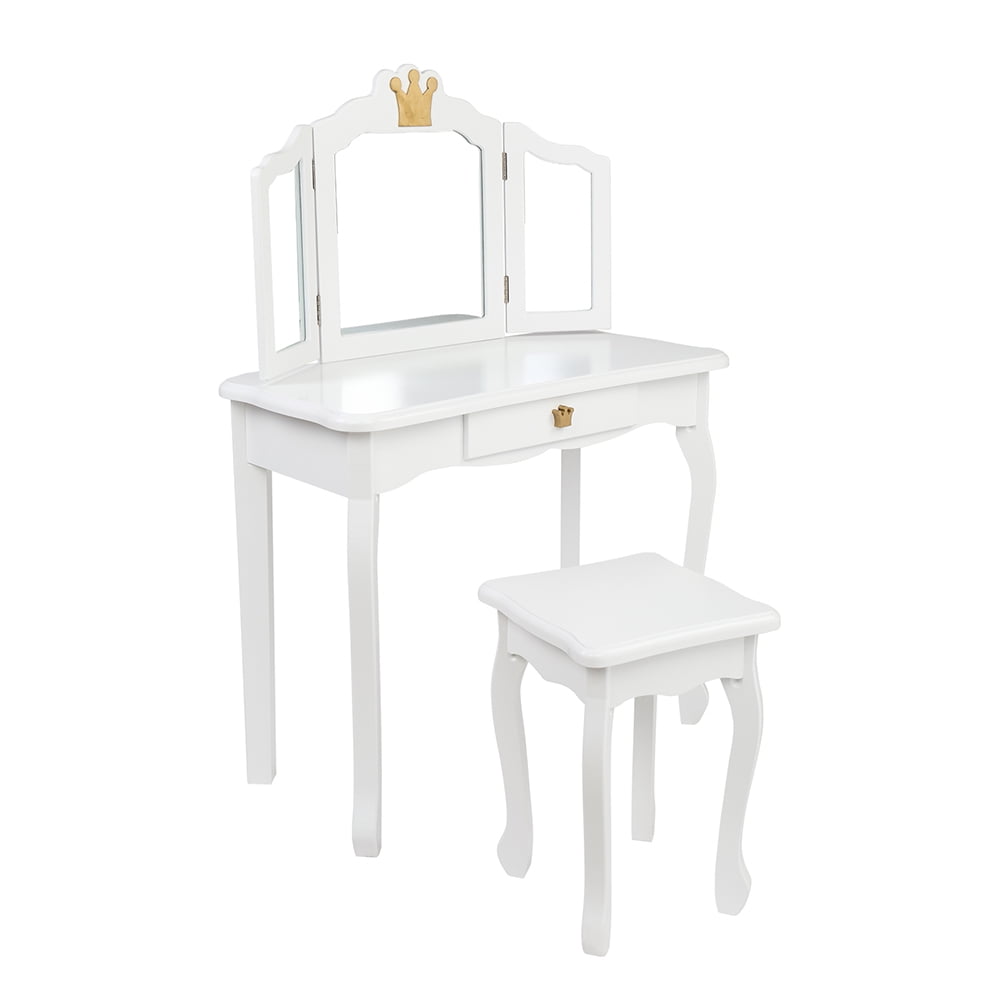 Kepooman Modern Kids Wooden Vanity Table Set with Tri-Fold Mirror & Chair, Child' s Princess Dressing Table & Stool Set, White Kepooman Modern Kids Wooden Vanity Table Set with Tri-Fold Mirror & Chair, Child' s Princess Dressing Table & Stool Set, White