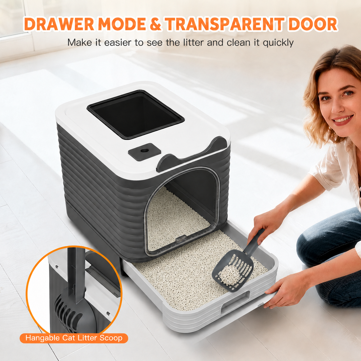 Phancir Enclosed Cat Litter Box with Lid, Gray photo 3