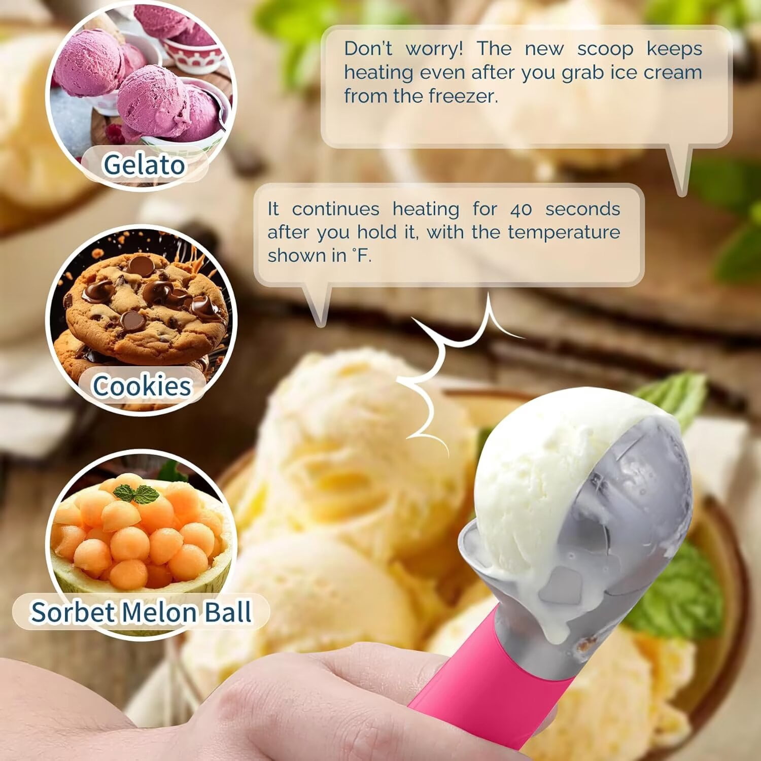 Heated Ice Cream Scoop, USB Rechargeable Electric Scooper with LED Display, Heats to 158°F for Hard Ice Cream, Easy for Seniors & Kids, IP68 Waterproof-Hot Pink