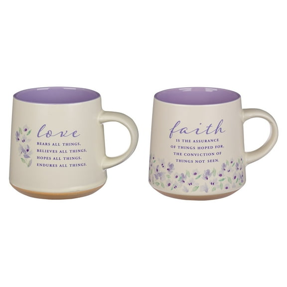 Christian Art Gifts Novelty Floral Ceramic Coffee & Tea Mug Set for Women: Faith & Love w/Encouraging Scripture, Microwave/Dishwasher Safe w/Clay Base - Set of 2 Large 14 oz. Cups, Lilac Purple/White