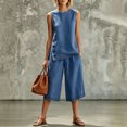thumbnail image 2 of Womens Casual Two Piece Outfit Round Neck Sleeveless Top Elastic Waist Culotte Pants with Pockets Cotton Blend Vacation Set Blue XL(XL), 2 of 5