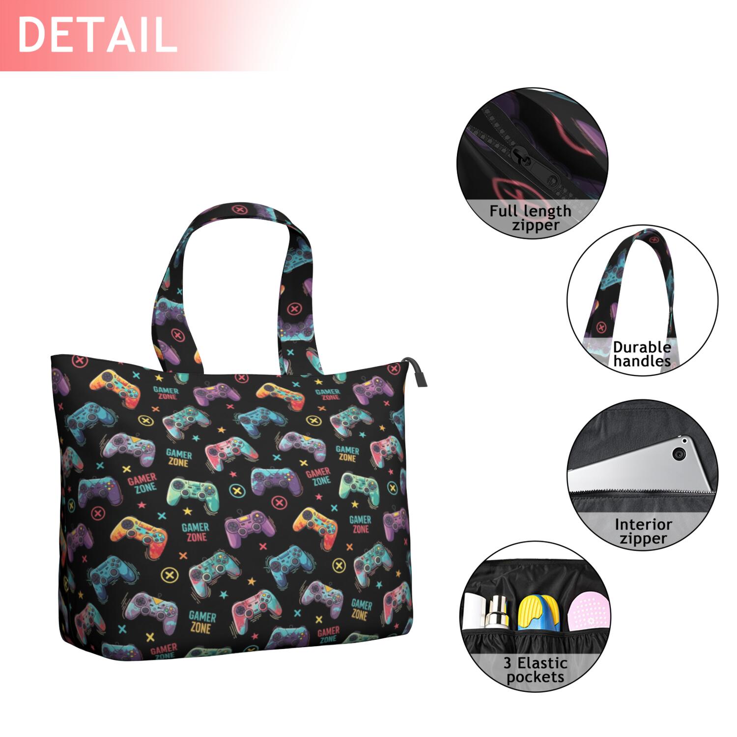 Colorful Controllers Games Icons Black Pattern Travel Tote Bags for Women Carry On,Large Weekender Bags for Women Travel,Multi Functional Duffle Bag for Work,Shopping,Sports