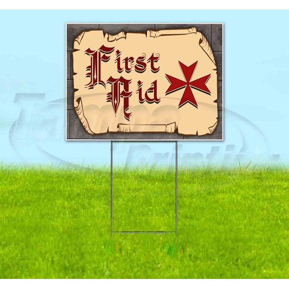 Medieval Fair First Aid Red Scroll (18" x 24") Yard Sign, Includes Metal Step Stake