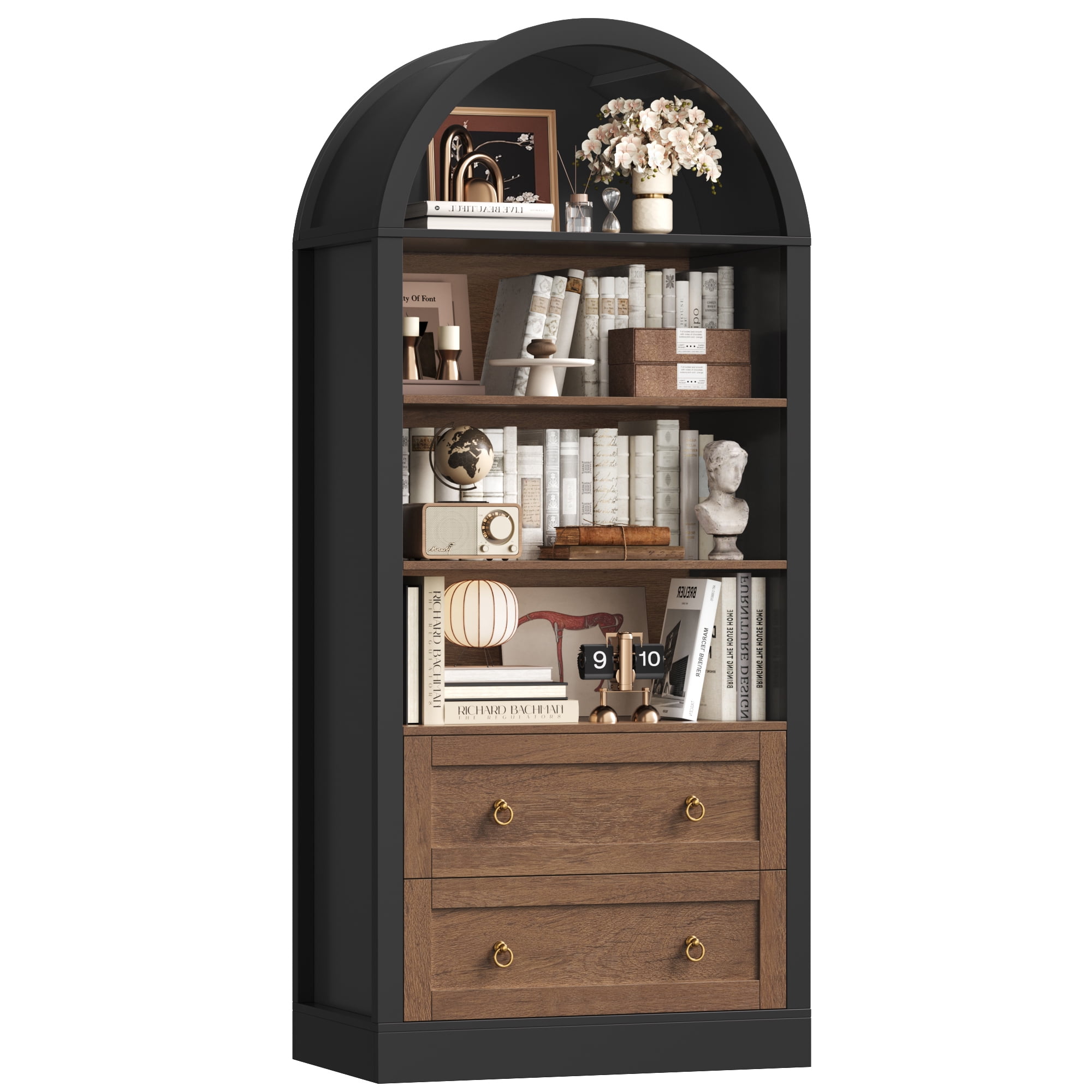 Hiphuta 70"Tall Arched Bookcase, 4-Tier Bookshelves with 2 Large Drawers, Wooden Display Shelf with Storage for Living Room Home Office, Black & Oak