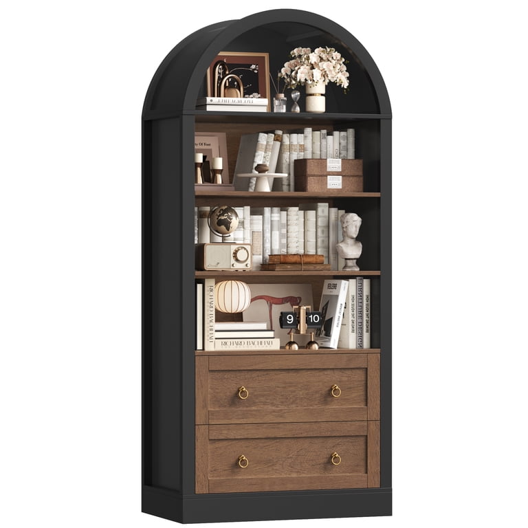 Hiphuta 70" Arched Bookcase, 4-Tier with 2 Drawers photo 7