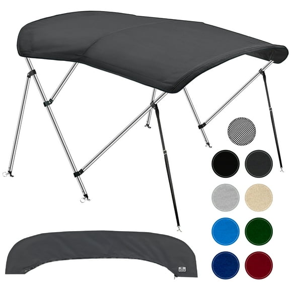3 Bow Bimini Tops for Boats, Fadeproof, Support Poles, Storage Boot, 900D Marine Canvas, Sun Shade Boat Canopy, Universal Boat Cover For Pontoon, V-Hull, Fishing, Bass Boat 73-78", Charcoal Gray