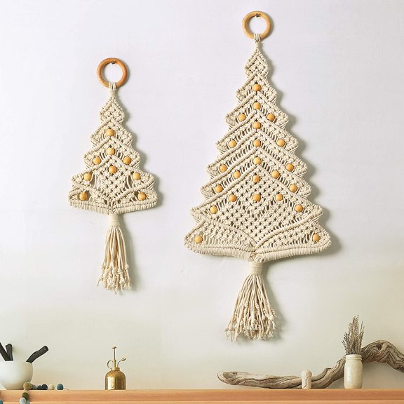 FineArt Christmas Tree with Wood Beads, Macrame Woven Wall Hanging, Boho Wall Decoration, Set of 2