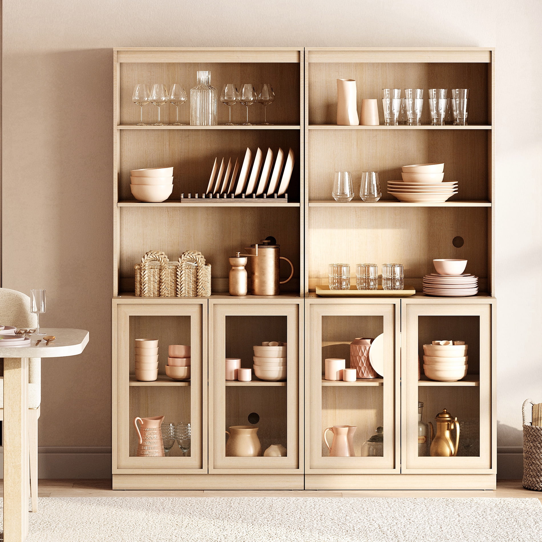 Modern 72" Tall Sideboard Buffet Cabinet, Glass Door Storage Cabinet with Adjustable Shelves, Open & Closed Layered Wood Console Cabinet for Dining Room Living Room Entryway,Beige