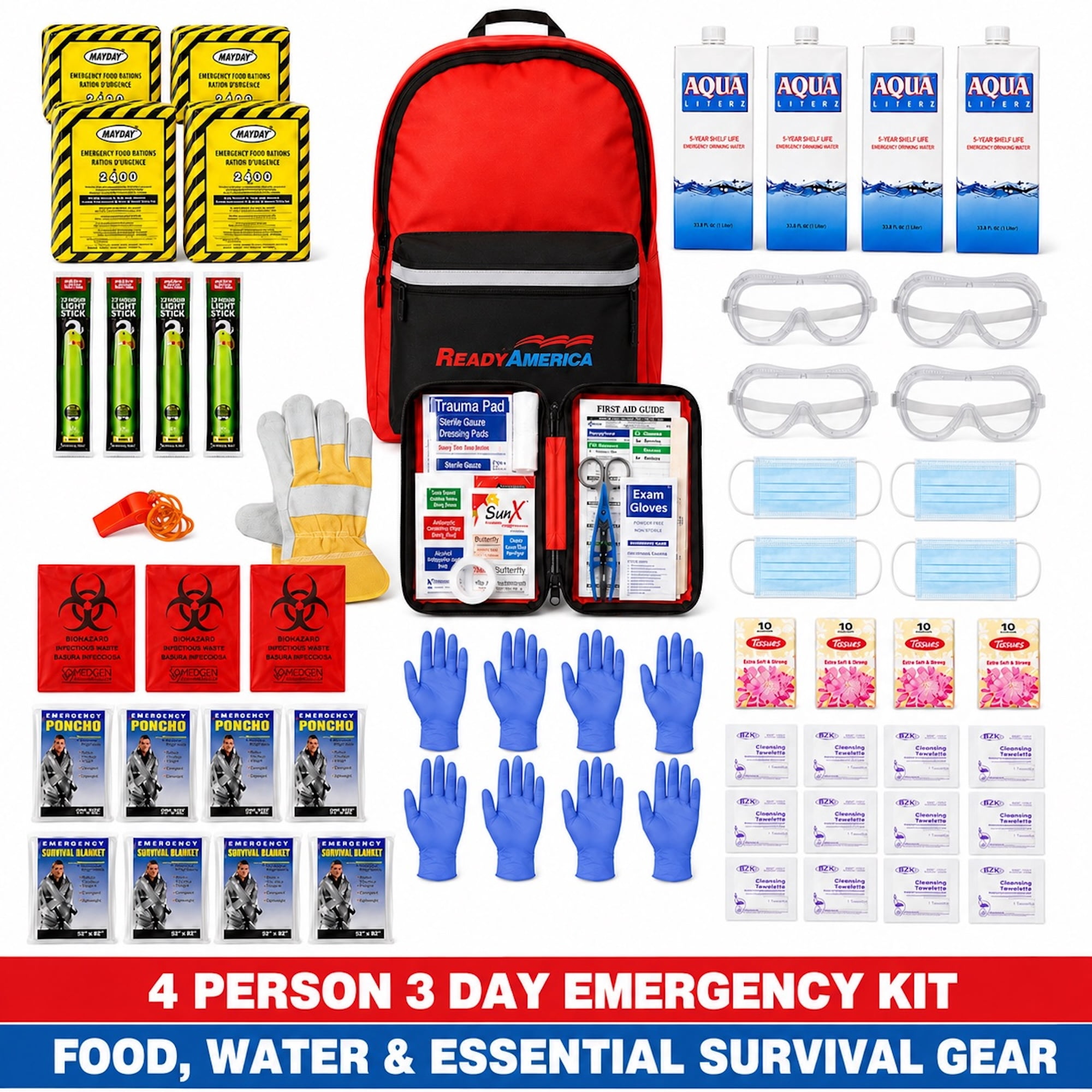 Ready America 4 Person Emergency Kit with Food, Water, and First-Aid Supplies
