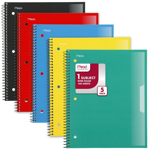 Mead Spiral Notebook, 1 Subject, Wide Ruled, Plastic Cover, 8" x 10.5", 5 Pack
