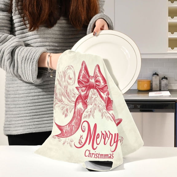 BZSMCE Kitchen Towels Creative Red Merry Christmas and Design Elegant Bowknot Pattern Durable Kitchen Towel