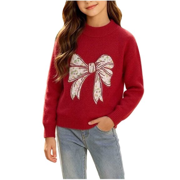 CYRBOKO Sweaters for Girls, Soft Winter Warm Casual Long Sleeve Knitted Tops Red Size 11-12 T