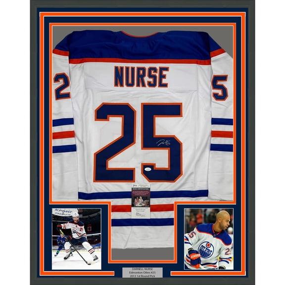Framed Autographed/Signed Darnell Nurse 35x39 Edmonton White Hockey Jersey JSA COA