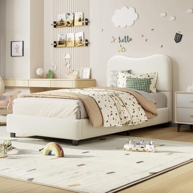 Tamaño individual-size platform marco de cama: metal frame con strong de madera slats, sherpa fabric forrado, cabecero included, no box spring, noise-free, beige & blanca