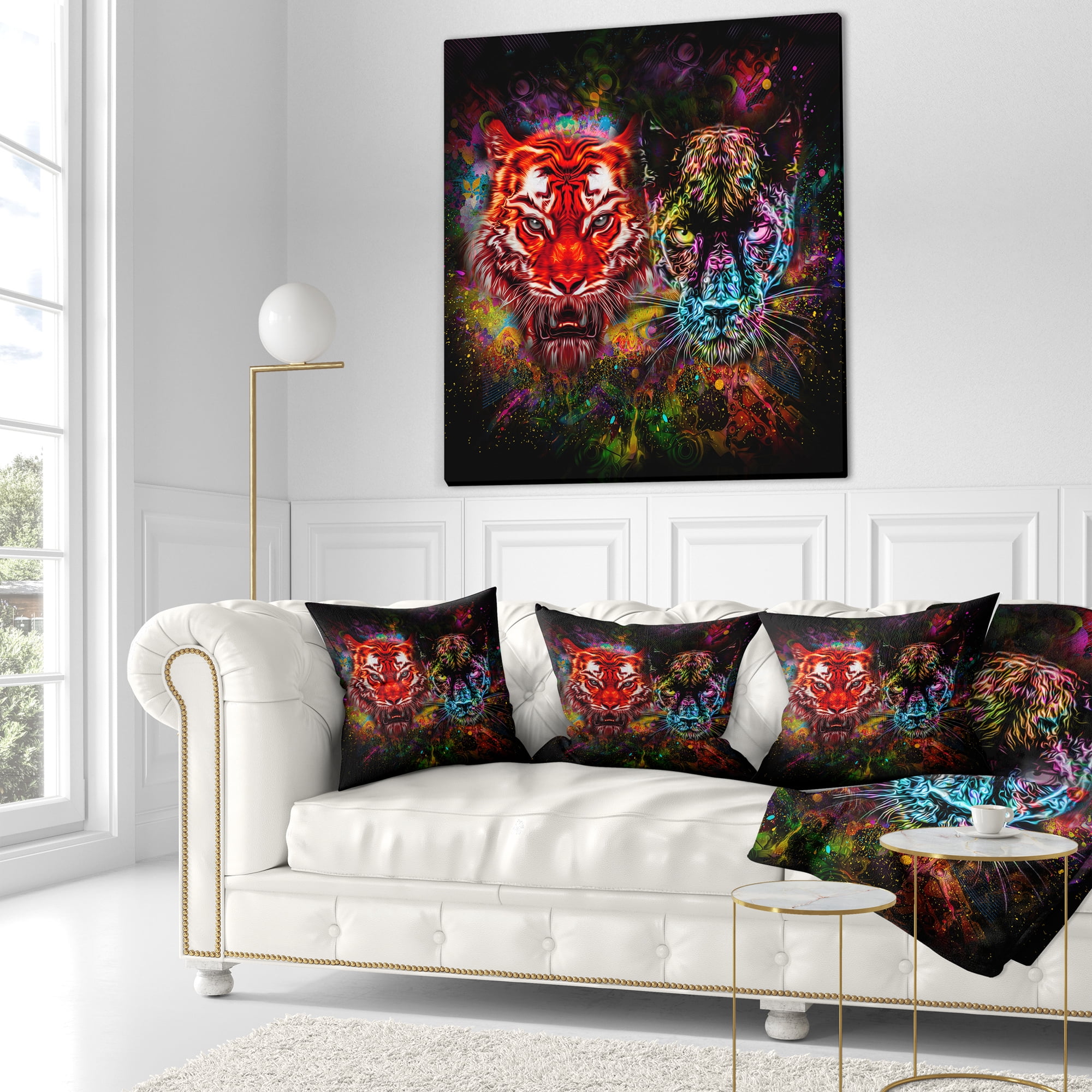 Designart Tiger and Panther with Splashes - Animal Throw Pillow - 18x18