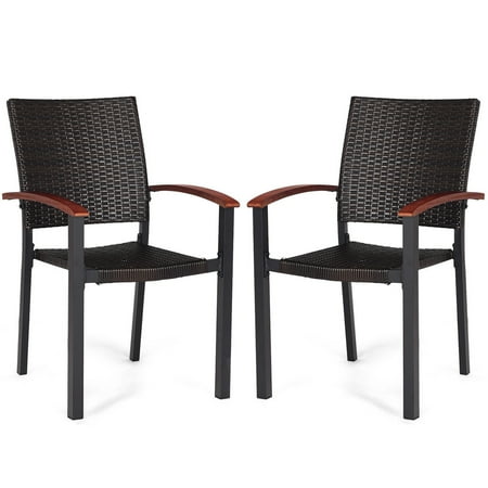 Resin Stackable Patio Chairs Costway 2PCS Patio Dining Chairs Armchair Stackable Rattan Wicker Outdoor Aluminum Frame ()