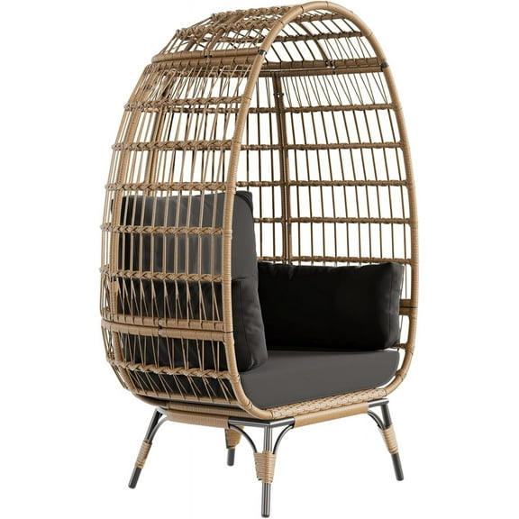 Oversized Outdoor Wicker Egg Chair with Stand, 350 Lb Capacity, Thick Cushions & Weather-Resistant Design for Patio, Balcony, Backyard, or Living Room