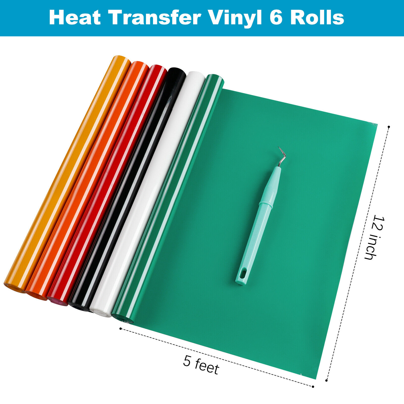 HTVRONT HTV Heat Transfer Vinyl Bundle (6 Pack) - 6 Inch by 5 Feet HTV Vinyl Rolls, Easy to Cut Iron on Vinyl for Cutting Machine& Cameo, Easy to Weed Heat Transfer Vinyl