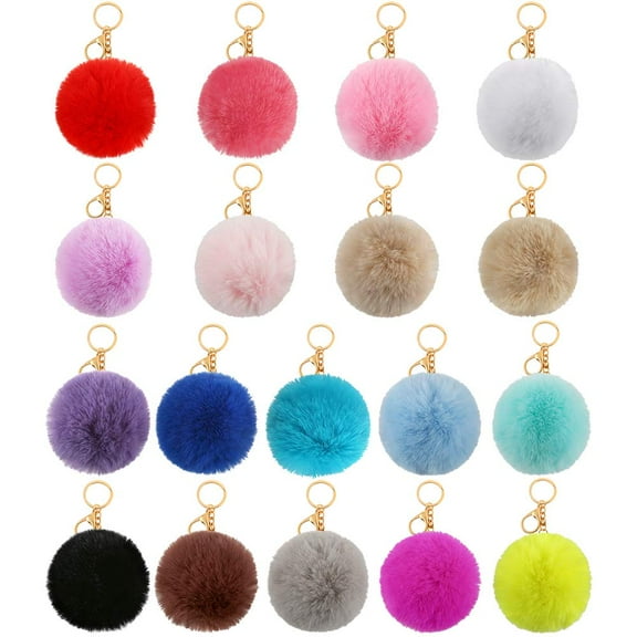 18 Pieces Pom Poms Keychains, Fluffy Faux Rabbit Fur Pompoms Keyring for Girls Women Pendant Accessories