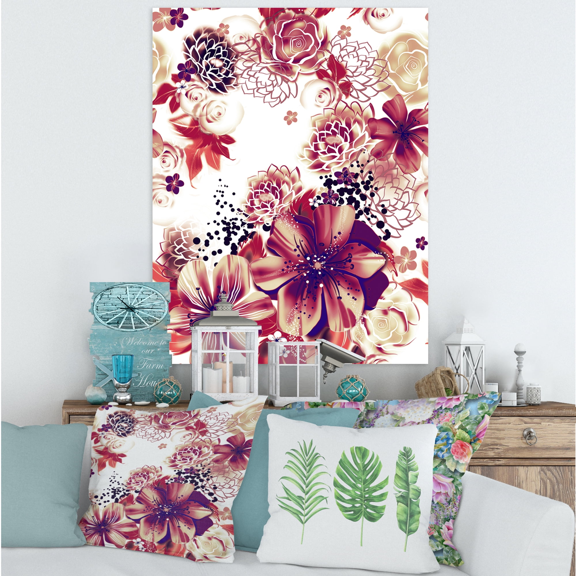 Designart ' Yellow and Pink Flowers Retro ' Traditional Canvas Wall Art Print