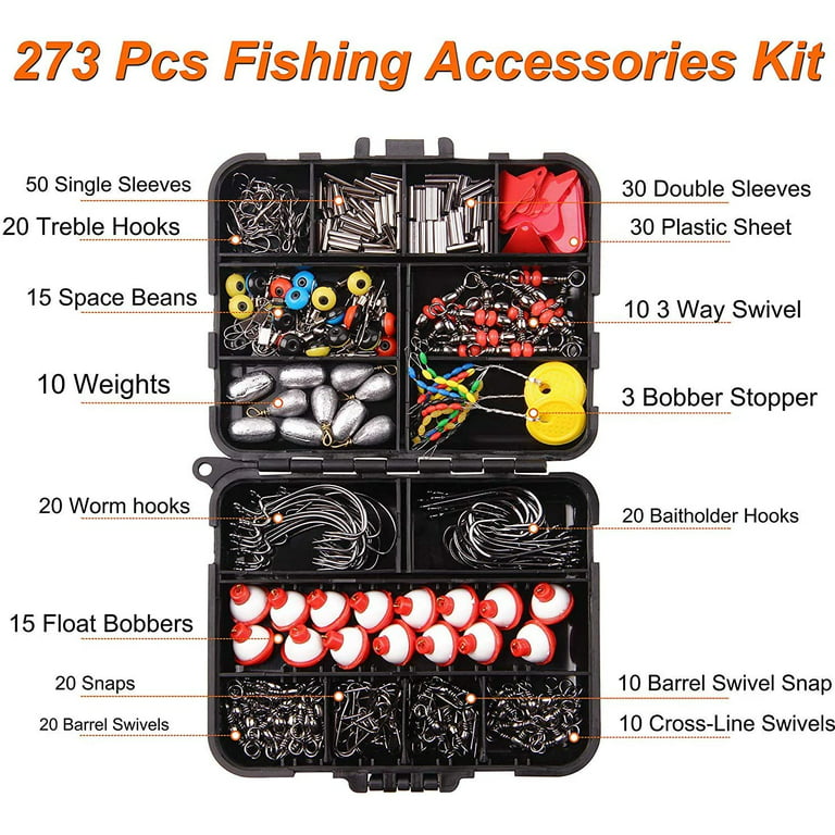 Fishing Tackle Accessories Box Kit, 273pcs Fishing Bobbers(0.5in) Sinker  Weights, Crossline Barrel Swivel, Swivel Snap, Hooks, Sinker Slides,  Fishing Bead with Tackle Box 
