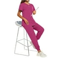 thumbnail image 4 of Ecqkame Scrub for Women Sets Solid V-Neck Short Sleeve Tops and Long Pants Nurse's Workwear Lightweight Side Slit Suits with Pockets Hot Pink XXL, 4 of 9