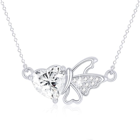 DORANA S925 Sterling Silver Plated Butterfly Heart Necklaces for Women Girls CZ April Birthstone Pendant with Crystal Birthday Mothers Day Graduation Jewelry Gifts Teen Mom Her Adult Wife Kids Age