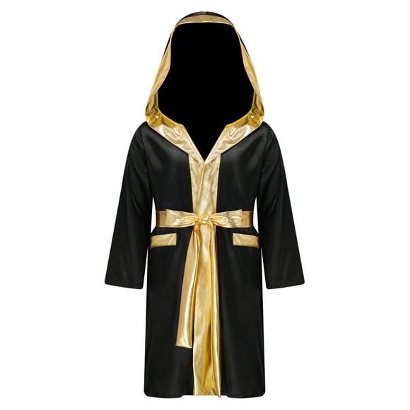 Yeahdor Kids Boys Boxing Robe Martial Art Muay Thai Uniform Long Sleeve Kick Boxing Hooded Robe Outfits Black 8
