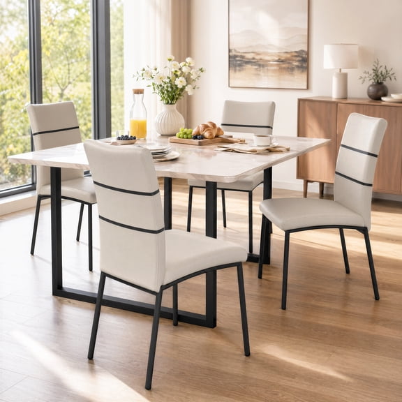 White Faux Leather Dining Chair with Black Accent Stripe, Black Metal Leg Upholstered Side Chair
