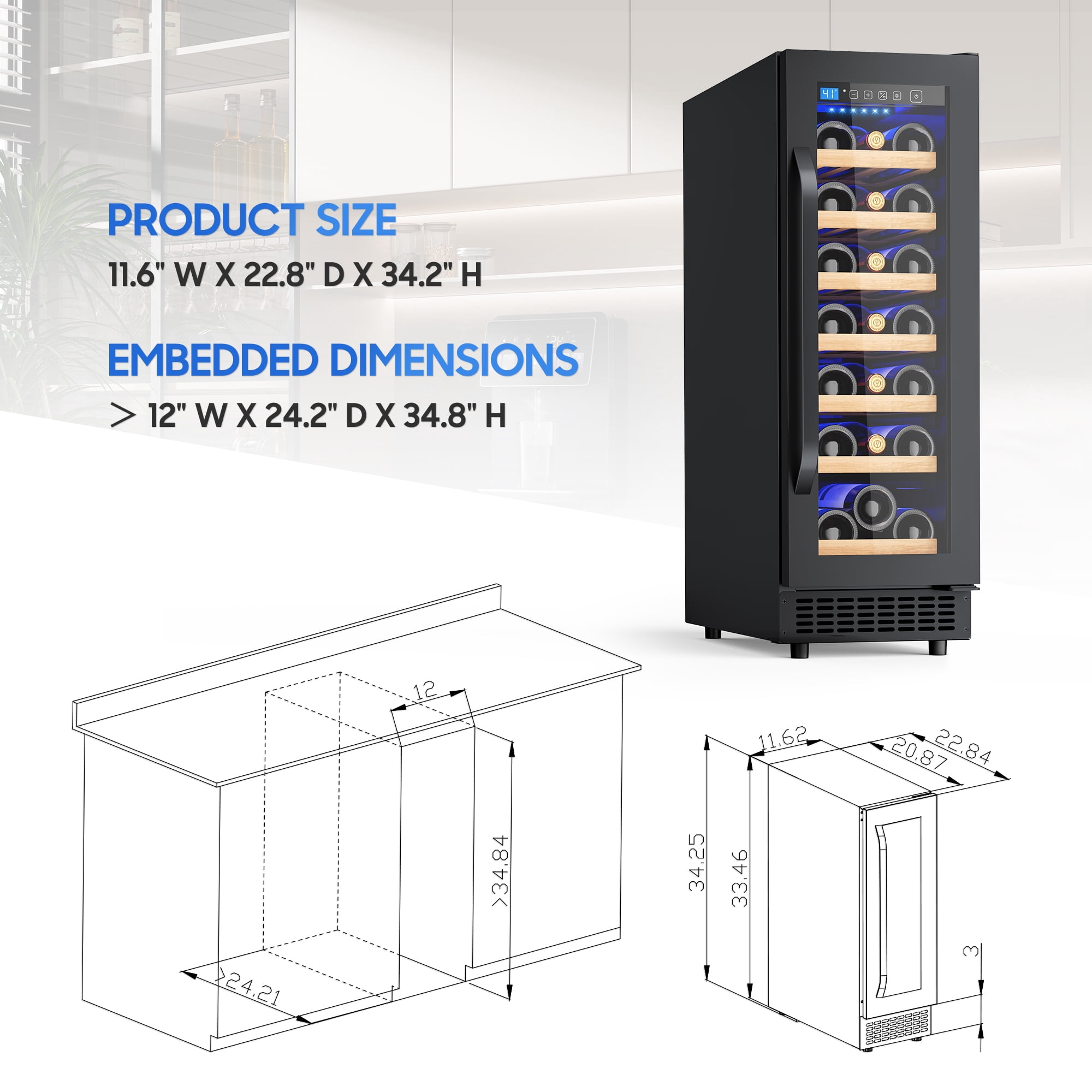 AVAHUM 12 Inch 21-Bottle Under Counter Wine Refrigerator, Slim Built-In or Freestanding Wine Cooler, Curved Handle